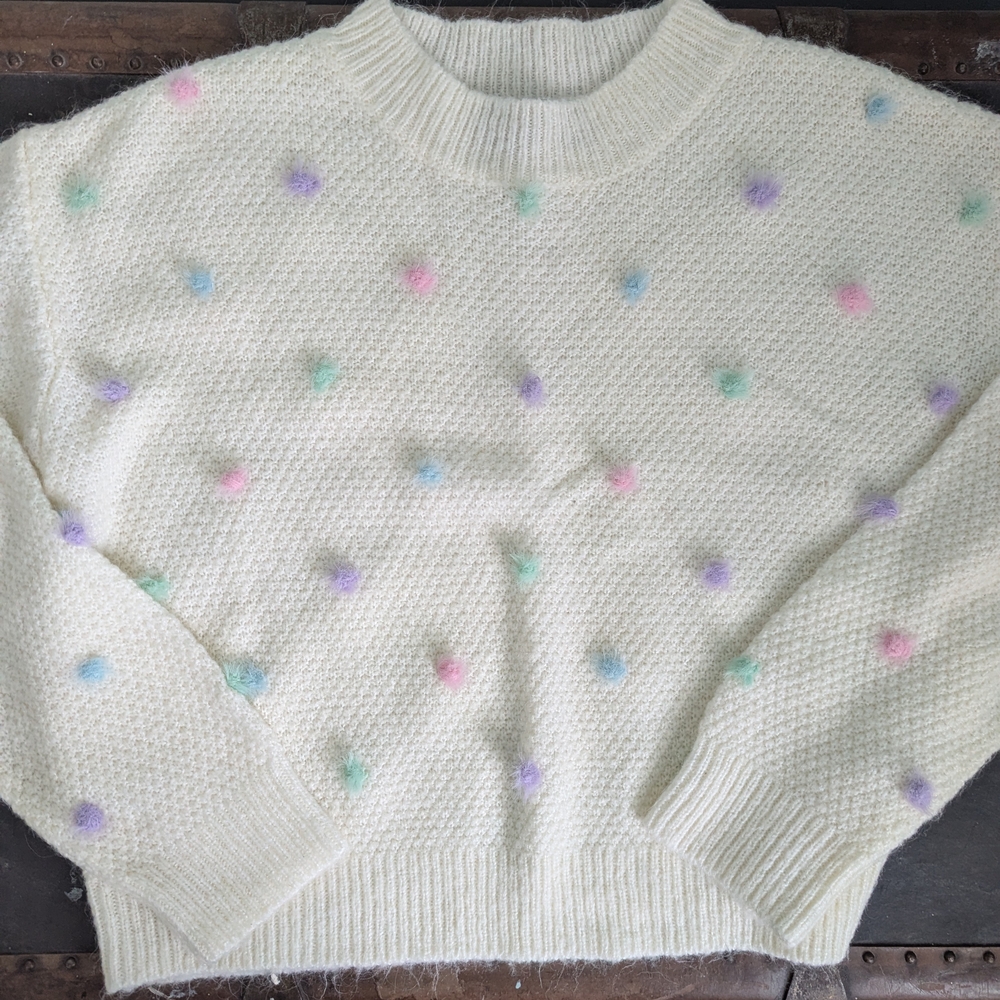 Kittenish Ivory Sweater with Colorful Dots